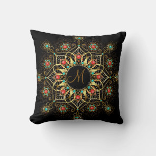 Monogram Gold Turquiose Red Mandala Jewel Throw Pillow
