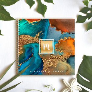 Monogram gold turquoise agate watercolor square notebook
