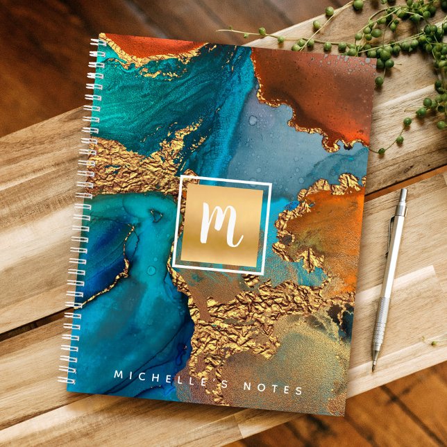 Monogram gold turquoise orange agate watercolor notebook (Creator Uploaded)