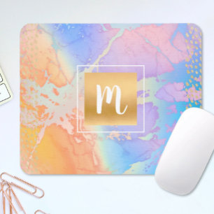 Monogram gold turquoise orange purple watercolor mouse pad