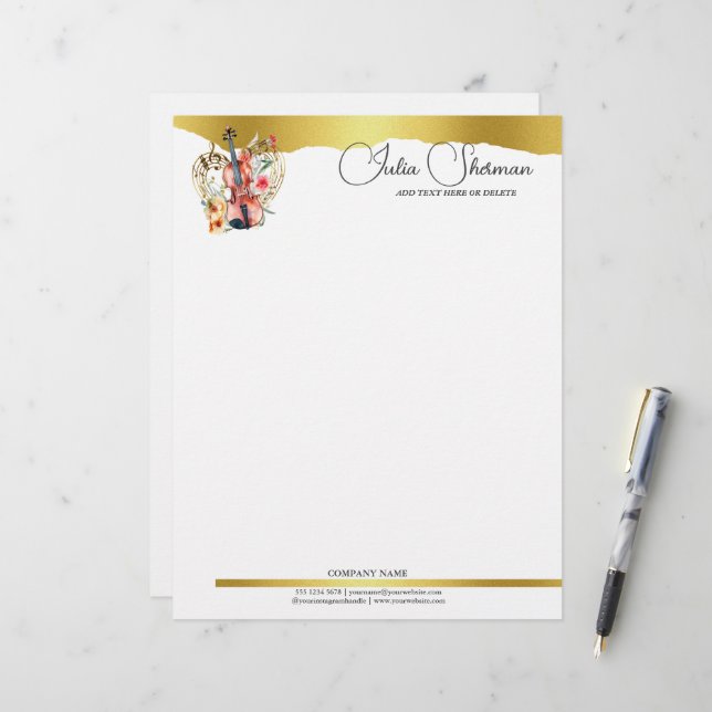 Monogram Gold Violin Modern Script Minimalist Letterhead (Front/Back In Situ)
