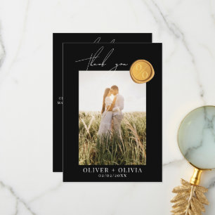 Monogram gold wax seal photo wedding thank you card
