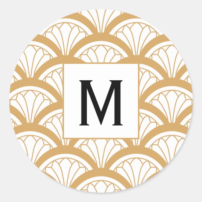 Monogram Gold White Art Deco Fan Flowers Pattern   Classic Round Sticker (Front)