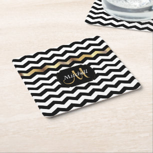 Monogram Gold, White & Black Chevron Square Paper Coaster