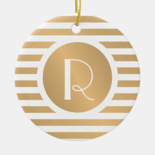 Monogram Gold & White Stripes Circular Ceramic Ornament
