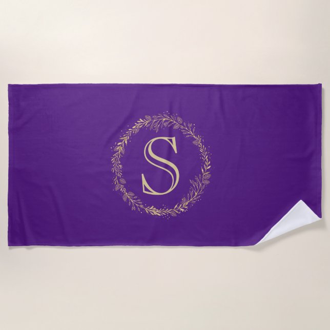 Monogram Gold Wreath Personalized Beach Towel (Front)