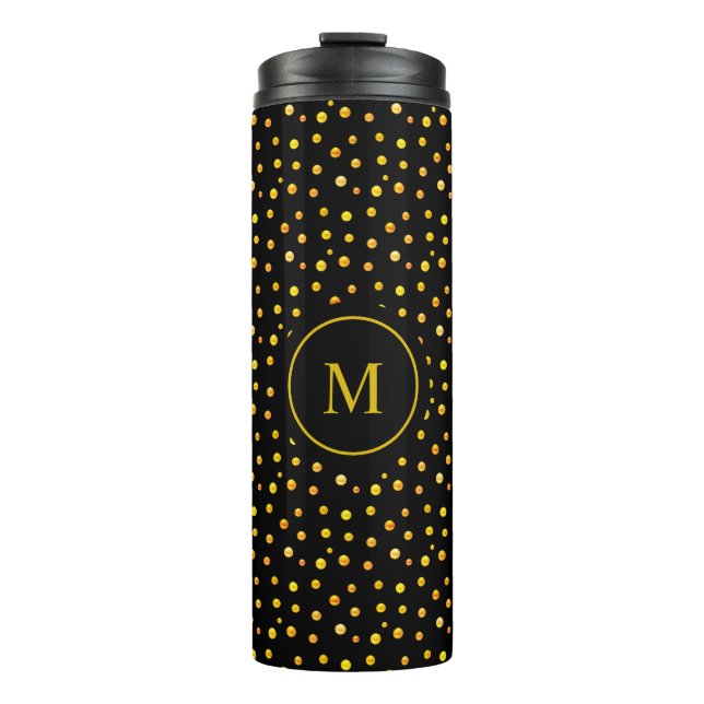 Monogram & Golden Confetti on Black Thermal Tumbler (Front)