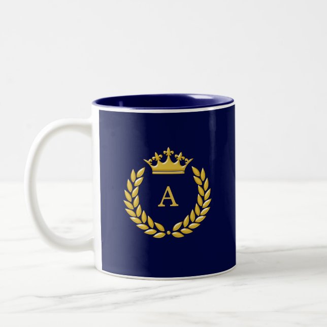 Monogram & Golden Crown & Laurel on Navy Blue Two-Tone Coffee Mug (Left)