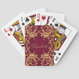 Monogram Golden Damask on Dark Red Playing Cards