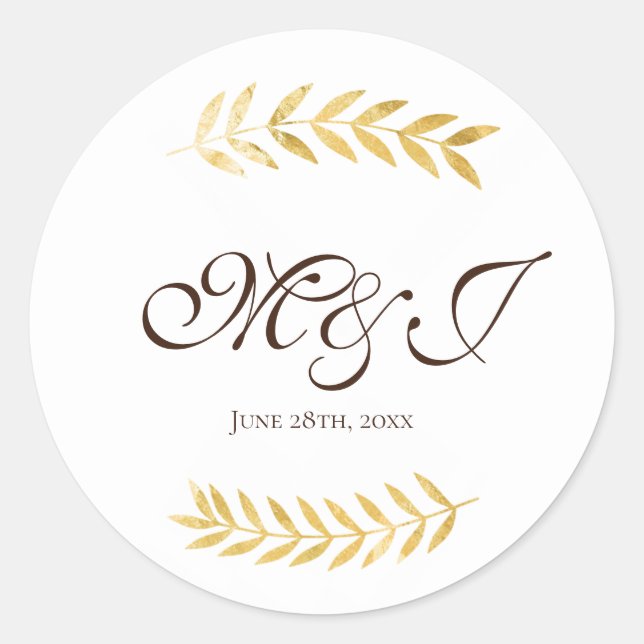 Monogram Golden Leaves Branches and Dark Brown Classic Round Sticker (Front)