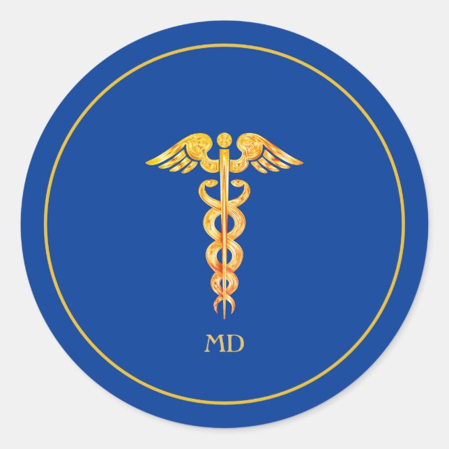 Monogram & Golden Medical Doctor on Blue Classic Round Sticker (Front)