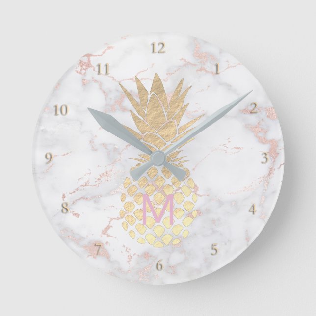 monogram golden pineapple on pink marble round clock (Front)