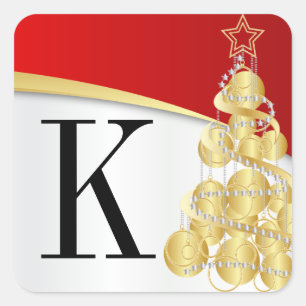Monogram Golden Red Merry Christmas Square Sticker
