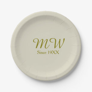 Monogram golden since 19XX year oatmeal wedding na Paper Plate