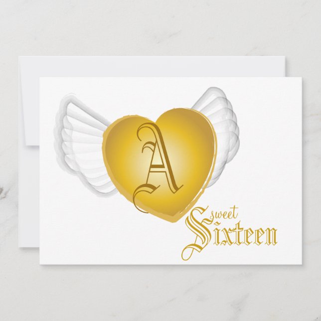 Monogram Golden Winged Heart Sweet 16-Cust. Invitation (Front)