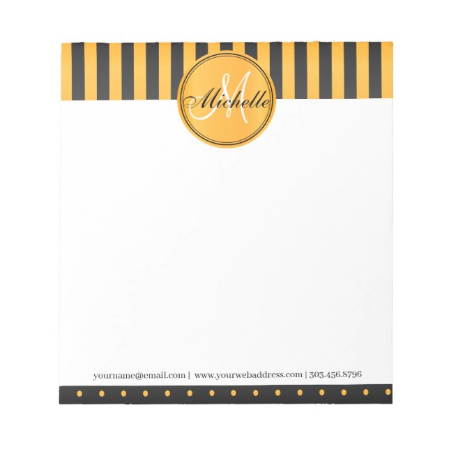 Monogram Golden Yellow and Black Polka Dot Stripes Notepad (Front)