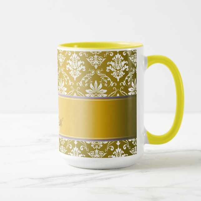 Monogram Golden Yellow and White Damask Mug (Right)