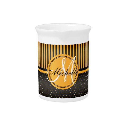 Monogram Golden Yellow Polka Dots & Black Stripes Pitcher