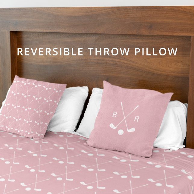 Monogram Golf Club Pattern Pink Reversible Modern Throw Pillow (Clean, modern golf style in blush pink and white.)