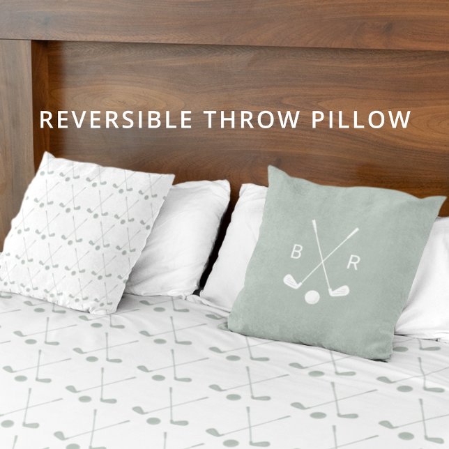 Monogram Golf Club Pattern Sage Reversible Modern Throw Pillow (Reversible golf themed throw pillow, personalize with initials.)