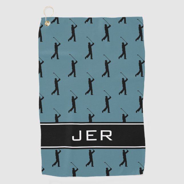 Monogram Golfer Initials Black Pattern Turquoise Golf Towel (Front)