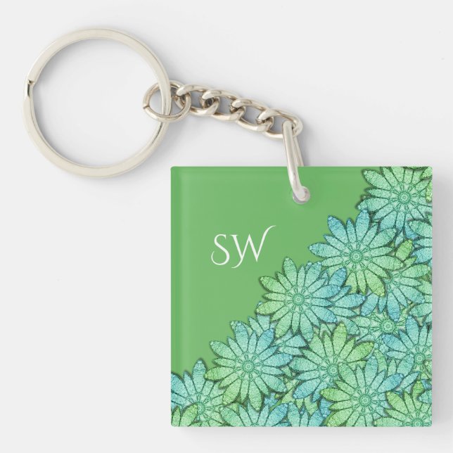 Monogram Gorgeous Modern Floral Green Keychain (Front)