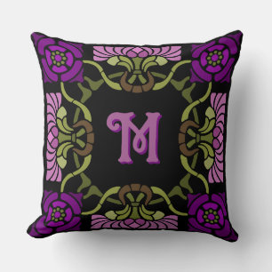 Monogram Goth Art Nouveau Rose and Dahlia Purples Throw Pillow