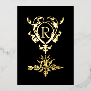 Monogram Gothic Heart And Arrow Motif Foil Holiday Card