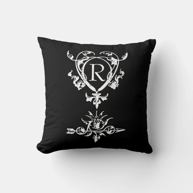 Monogram Gothic Heart And Arrow Motif Throw Pillow (Front)