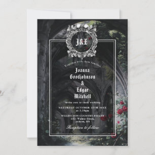 Monogram Gothic Ruins Roses Floral Wedding Invitation