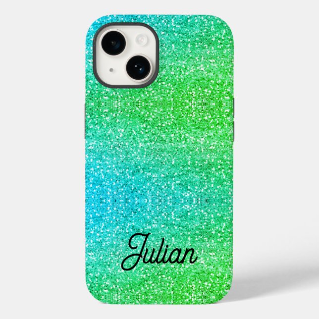 Monogram gradient blue and green glitter sparkle Case-Mate iPhone case (Back)