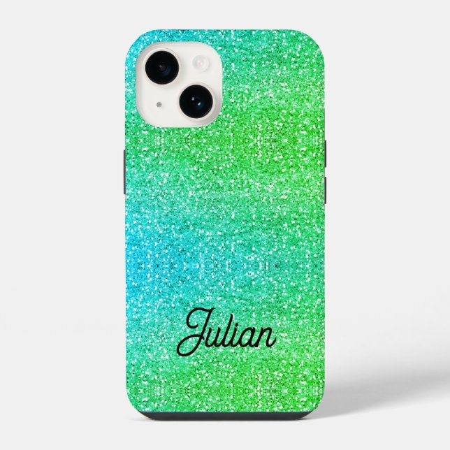 Monogram gradient blue and green glitter sparkle iPhone case (Back)