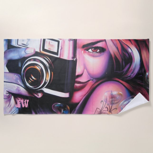 Monogram Grafitti Woman with Camera Beach Towel (Front)