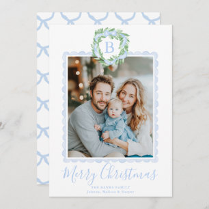 Monogram Grandmillennial Christmas Wreath Bow Holiday Card