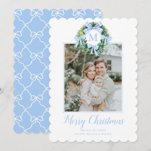 Monogram Grandmillennial Christmas Wreath Bows Holiday Card