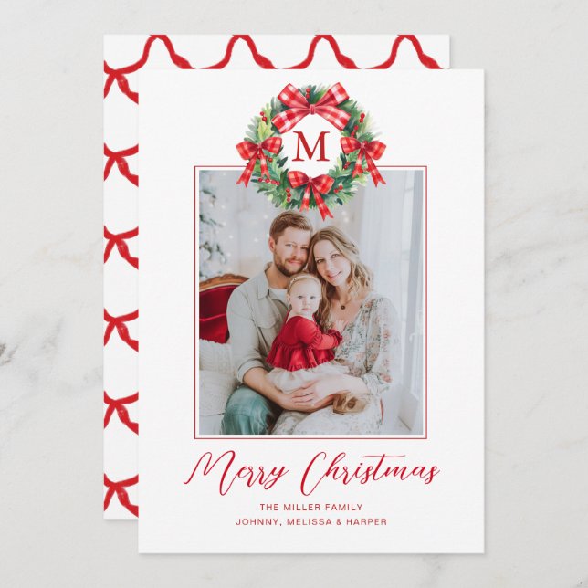 Monogram Grandmillennial Christmas Wreath Bows Holiday Card (Front/Back)