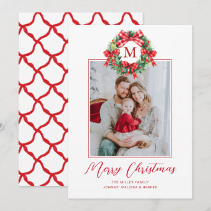 Monogram Grandmillennial Christmas Wreath Bows Holiday Card
