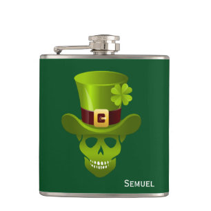 Monogram Green 4 Leaf Shamrock Skull And Green Hat Hip Flask