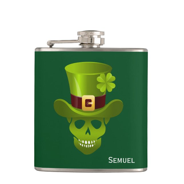 Monogram Green 4 Leaf Shamrock Skull And Green Hat Hip Flask (Front)