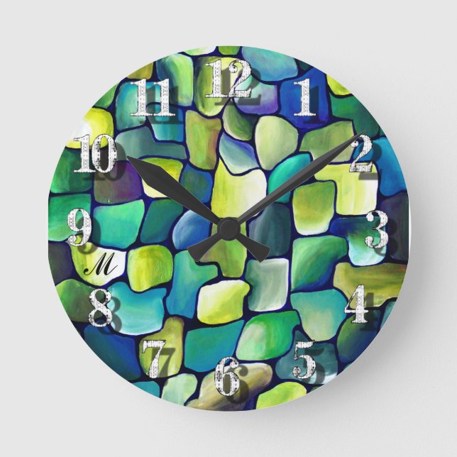 Monogram Green Abstract Tiles Green Watercolor Round Clock (Front)