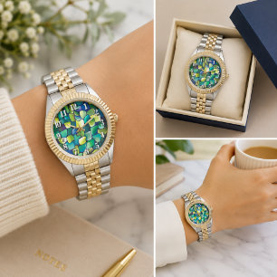Monogram Green Abstract Tiles Green Watercolor Watch