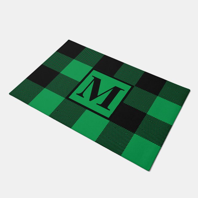 Monogram Green and Black Buffalo Plaid Christmas Doormat (Angled)