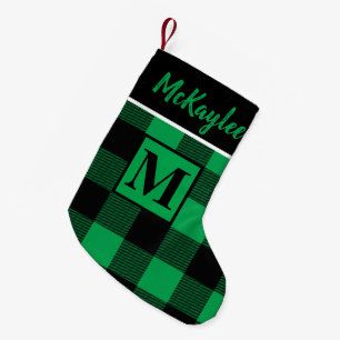 Monogram Green and Black Buffalo Plaid Personalize Small Christmas Stocking