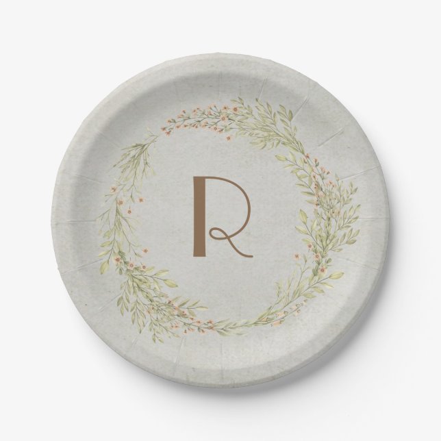 Monogram green and orange summer wreath paper plate (Front)