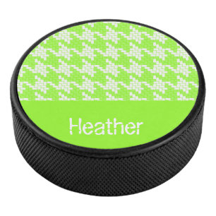 Monogram green and white houndstooth pattern hockey puck