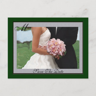 Monogram Green Artistic  Save The Date Postcard