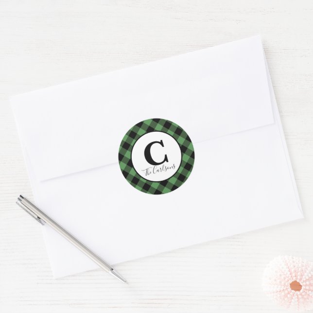 Monogram Green Black Buffalo Plaid Christmas Classic Round Sticker (Envelope)