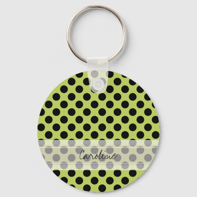 Monogram Green Black Cute Chic Polka Dot Pattern Keychain (Front)