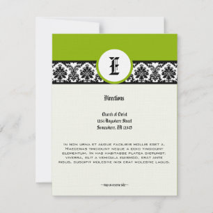 Monogram Green Black Damask Wedding Direction Card