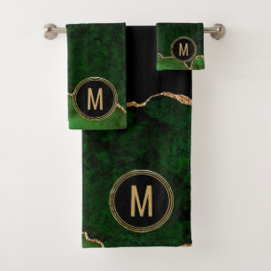 Monogram Green Black Marble Agate Gold Glitter Bath Towel Set